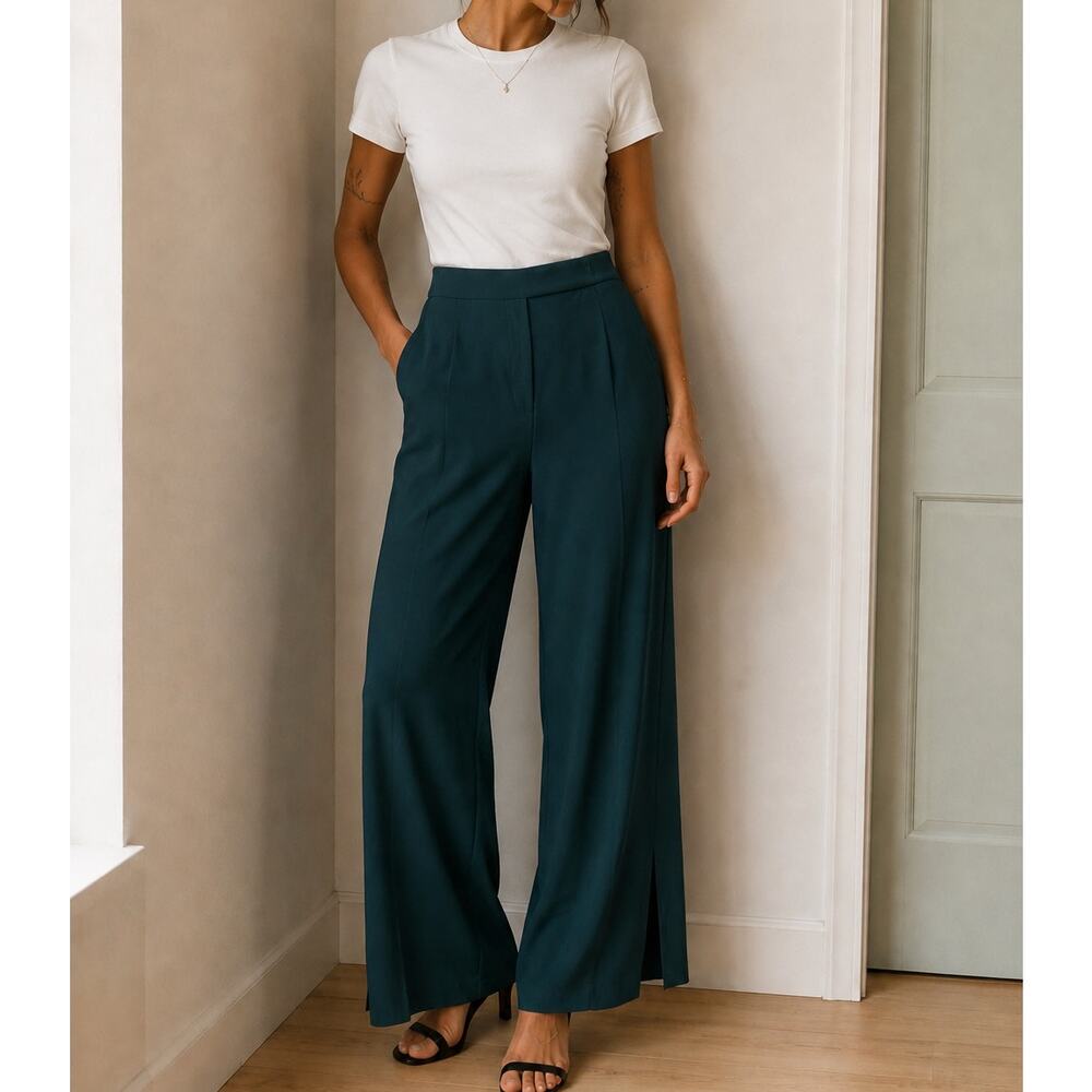 Veronika Maine Teal Wide Leg Cropped Pants Tailored Career Trousers size 14